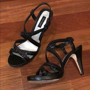 WHBM black leather strappy heels